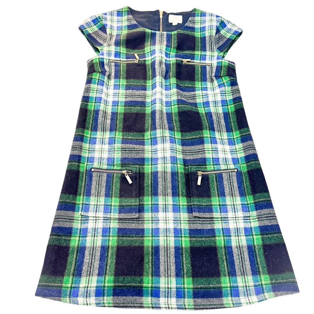 Julie Brown NYC Green Tartan Plaid Patterned Wool Shift Dress Zippers Size 6